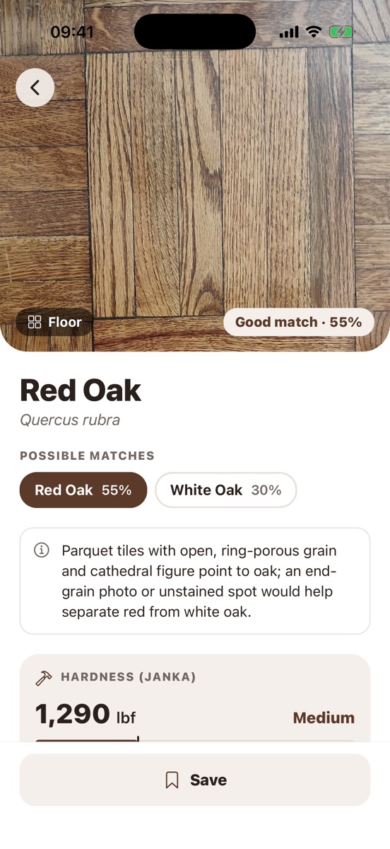 Result: Red Oak floor, good match 55%, White Oak 30%