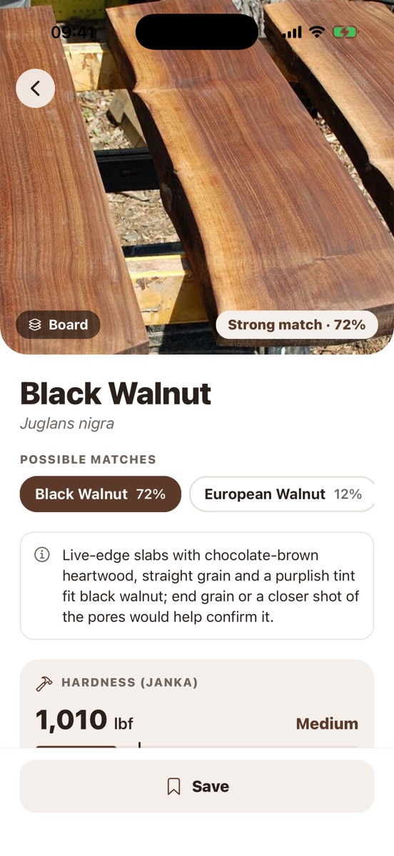 Result: Black Walnut, strong match 72%, with a note about its chocolate-brown heartwood